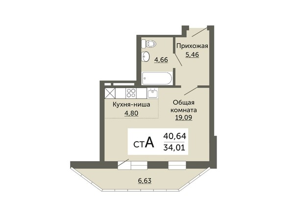 Планировка однокомнатной квартиры 34,01 кв.м