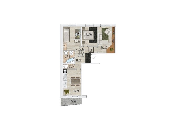Планировка трехкомнатной квартиры 72,17 кв.м