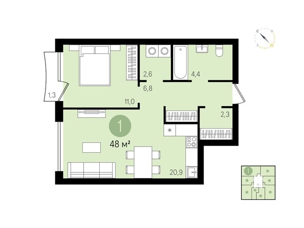 Планировка 1-комнатной квартиры 48 кв.м