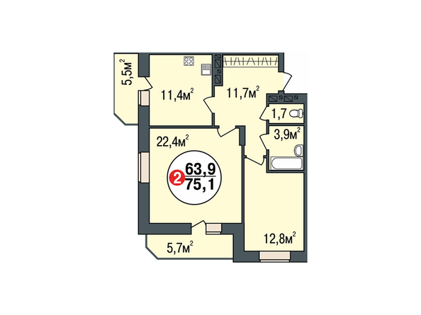 Планировка двухкомнатной квартиры 75,1 кв.м