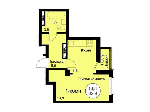 Планировка 1-комнатной квартиры 32,9 кв.м