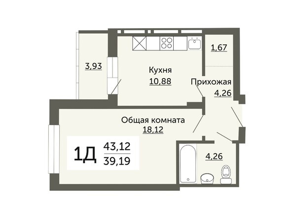 Планировка однокомнатной квартиры 39,19 кв.м