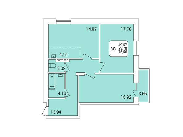 3-комнатная 75,56 кв.м
