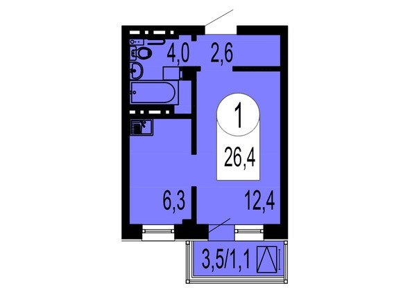 Планировка 1-комнатной квартиры 26,4 кв.м
