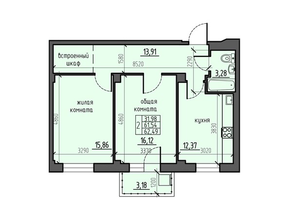 Планировка двухкомнатной квартиры 62,49 кв.м