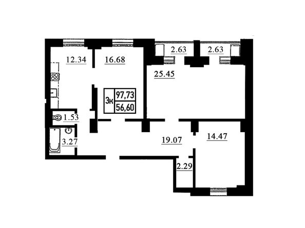 Планировка трёхкомнатной квартиры 97,73 кв.м