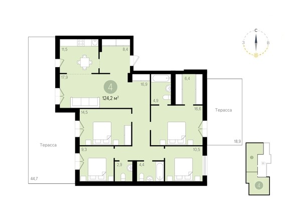 Планировка 4-комнатной квартиры 124,2 кв.м