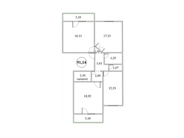 Планировка 3-комнатной квартиры 91,14 кв.м