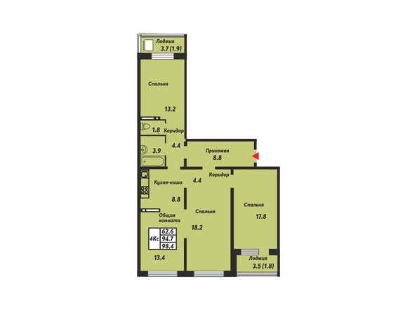 Планировка 4-комнатной квартиры 98,4 кв.м