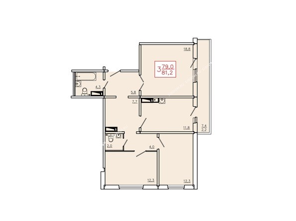 Планировка трехкомнатной квартиры 81,2 кв.м. Этаж 17