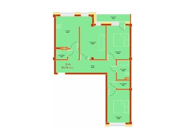 Планировка трехкомнатной квартиры 91,78 кв.м