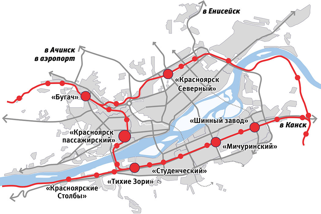 Схема железнодорожной сети городской электрички Красноярска