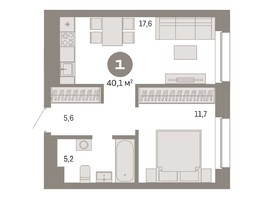 Продается 1-комнатная квартира ЖК На Декабристов, дом 6-2, 40.11  м², 9180000 рублей