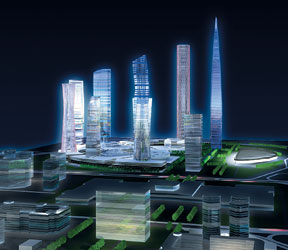 Первоначальный проект включал в себя 9 зданий высотой от 180 до 605 метров